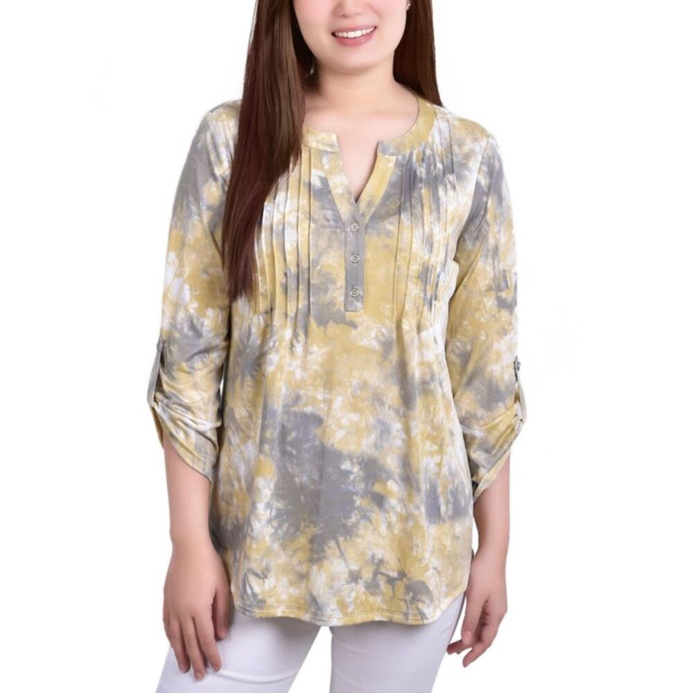 NY Collection Petite Knit Jacquard 3/4 Sleeve Roll Tab Top
